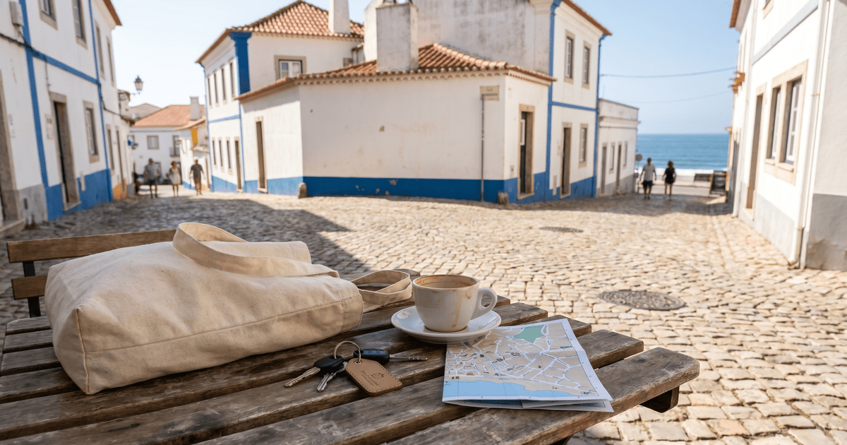 Ericeira town cobblestone streets with colourful buildings and Atlantic Ocean in the background